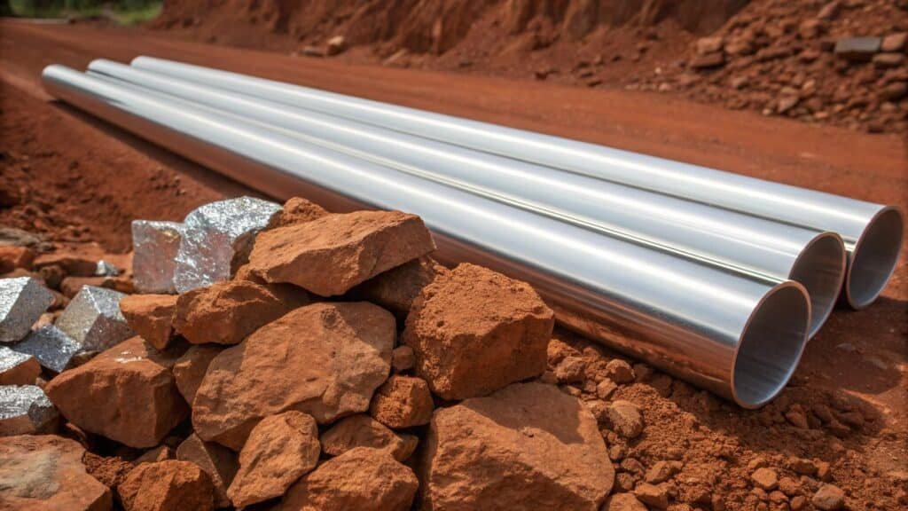 An infographic flowchart showing the process: Bauxite Ore -> Alumina Powder -> Electrolysis Smelting -> Pure Aluminum -> Alloying -> Cast Billets.